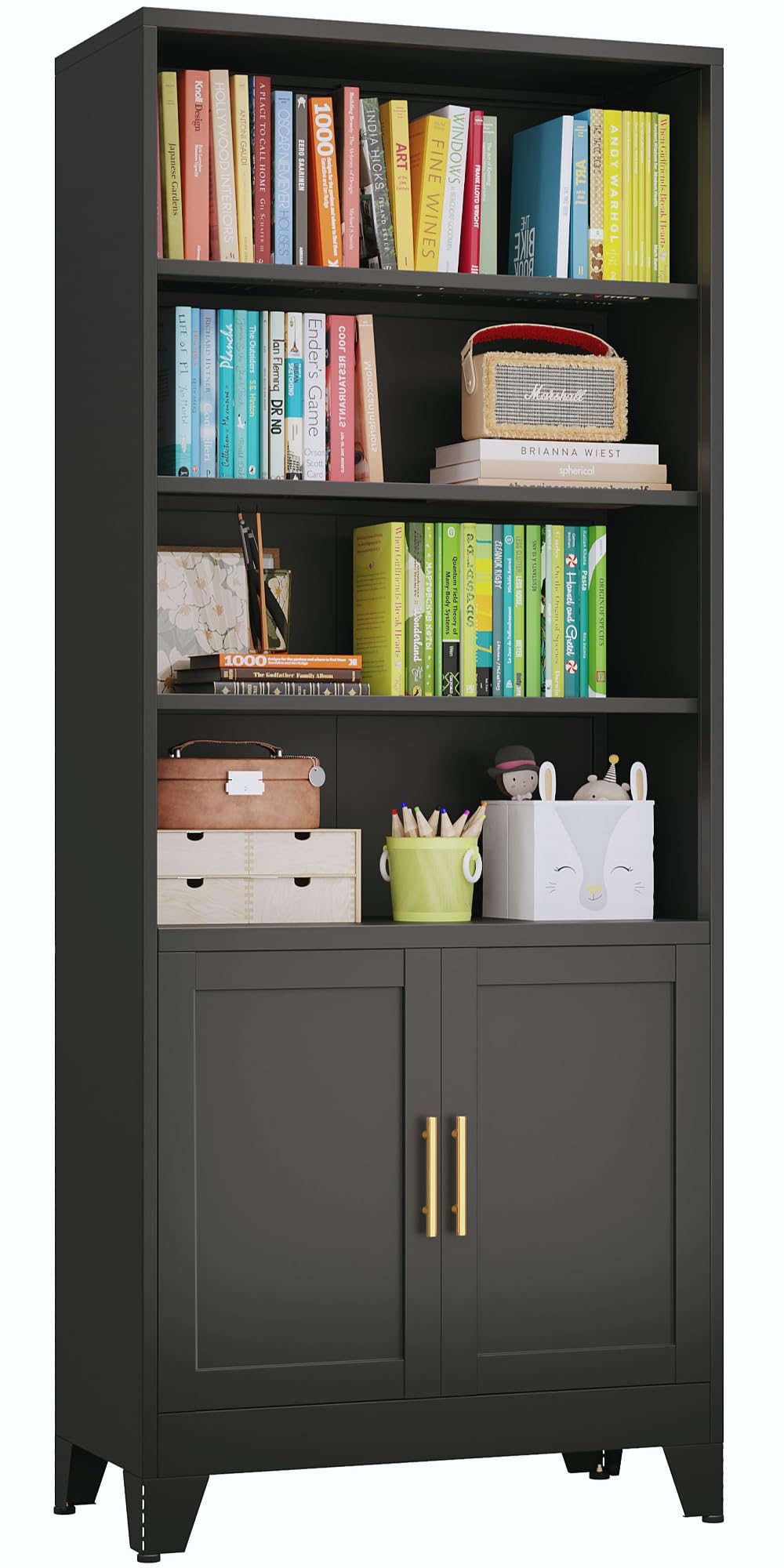 75 Inch Tall Bookshelf with Doors, Metal Bookcase with Storage Cabinet