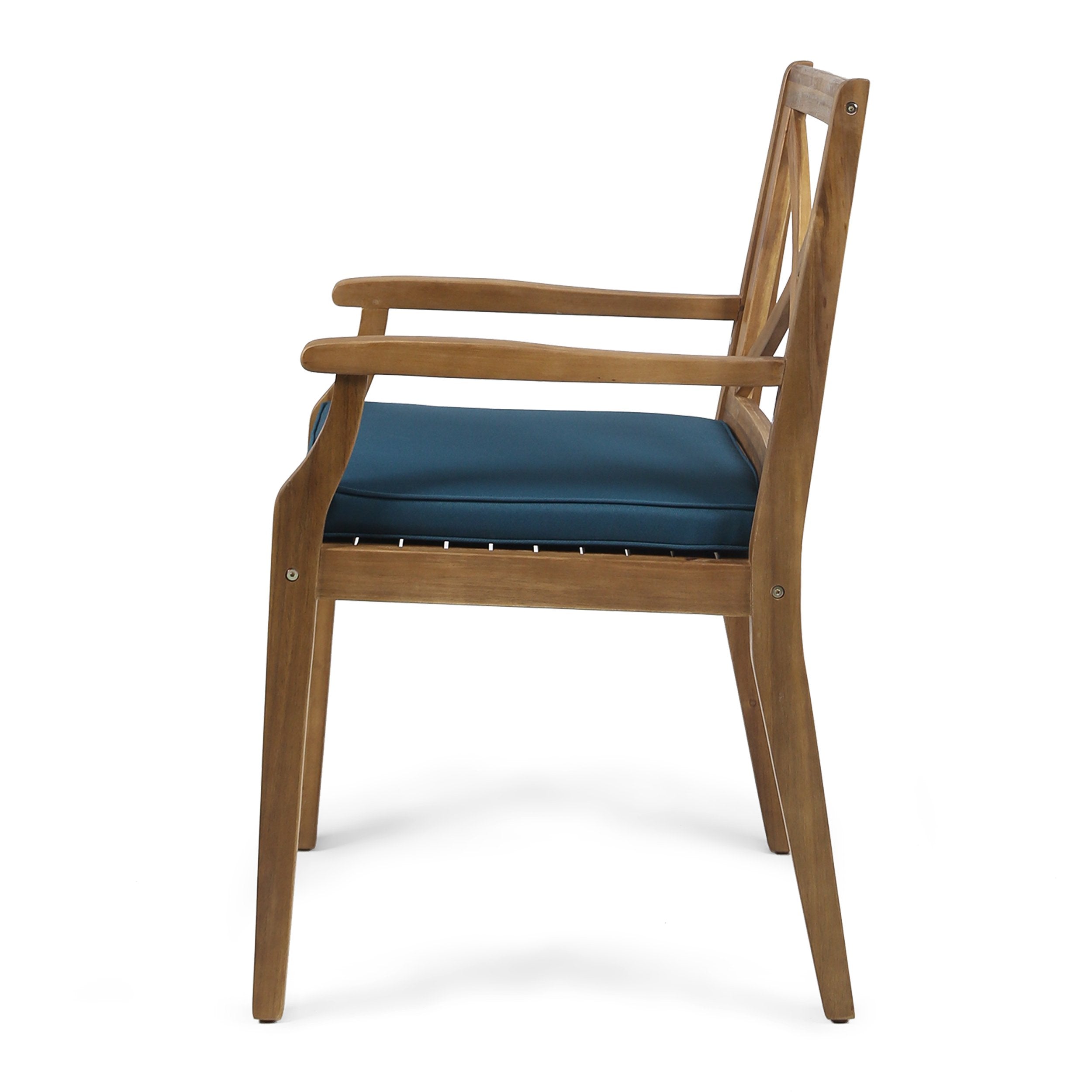 Outdoor Acacia Wood Dining Chair Set of 2, Teak/Blue Cushion