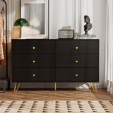 6 Drawer Dresser and Night Stand Sets for Bedroom, Two Drawers Nightstand Set of 2 & 6 Drawer Dresser with Gold Handle, Modern Black and Gold Dresser Set