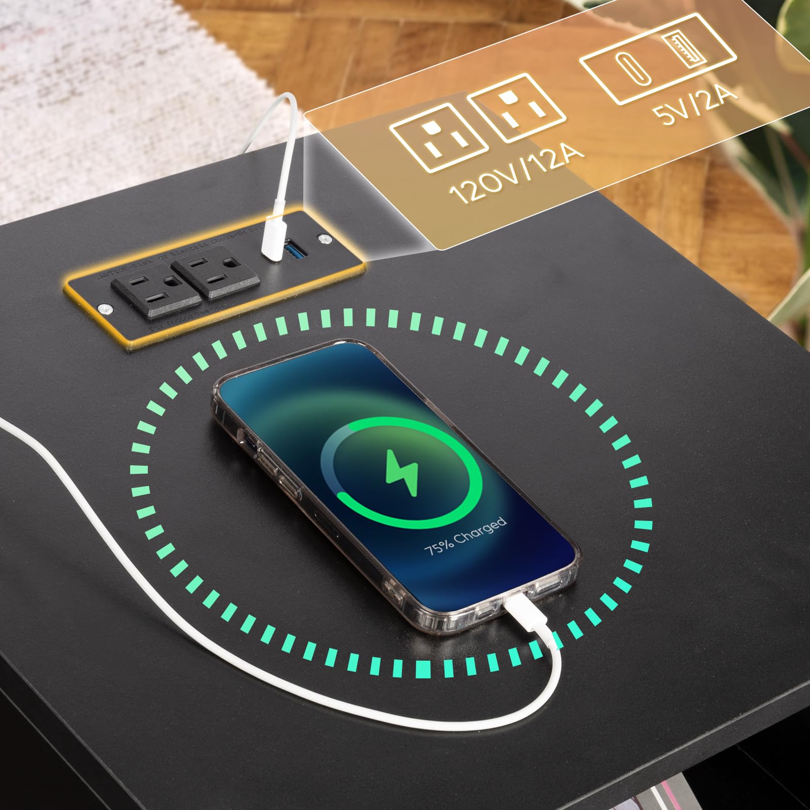 with Charging Station, Bedside Table with USB & Type-C Port, Modern End Table