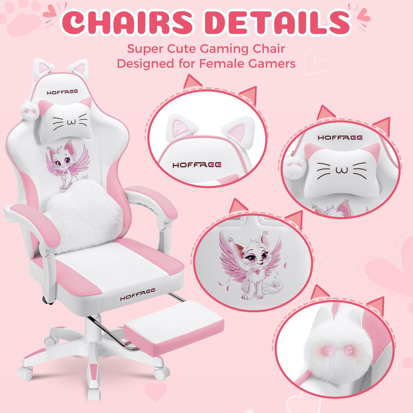 Pink Gaming Chair with Cat Ears and Footrest