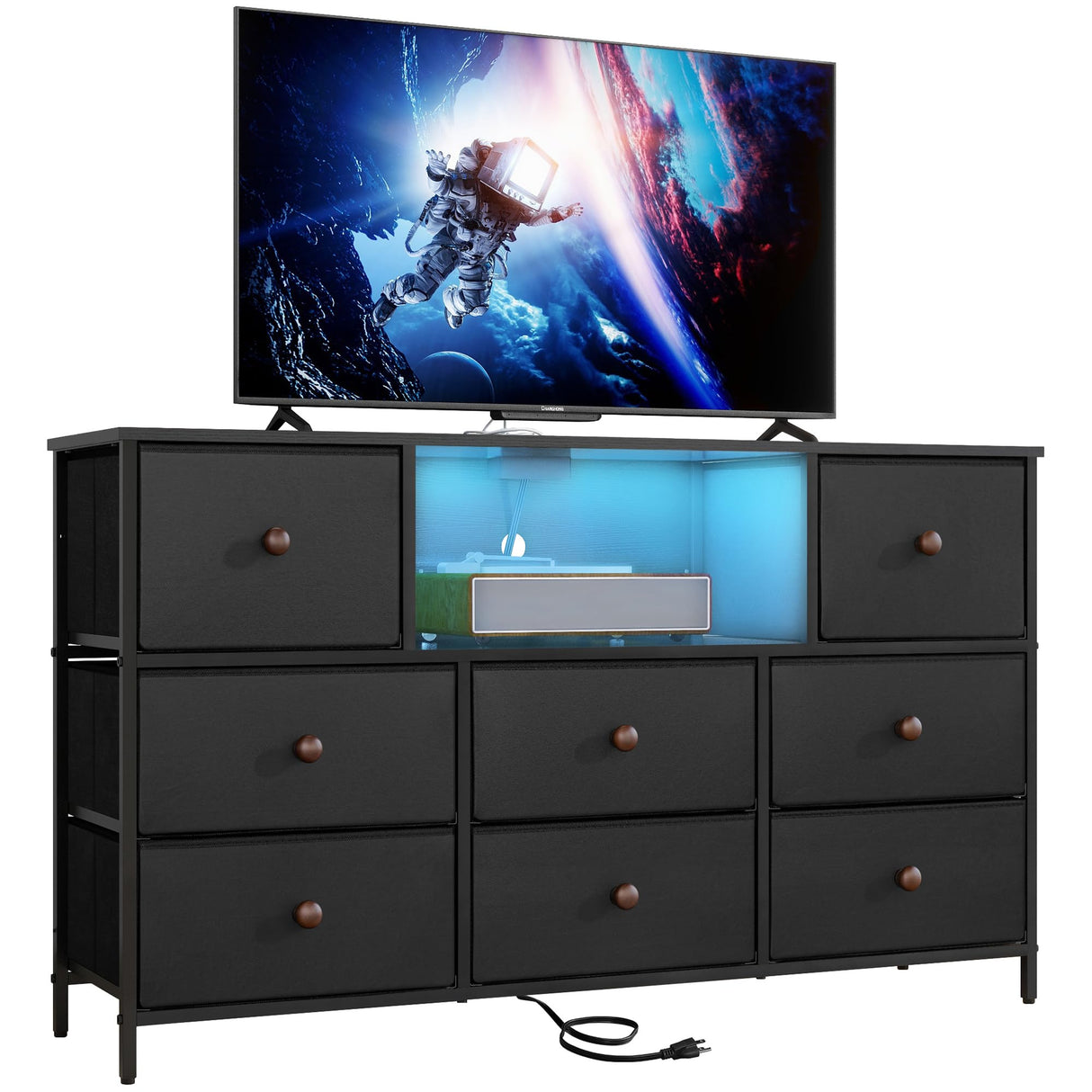 Black Dresser with Power Outlets and LED Lights, Dresser TV Stand