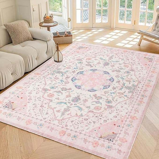 Area Rug - Vintage 8x10 Non-Slip Backing Area Rugs Light Pink Soft Faux Wool Carpet