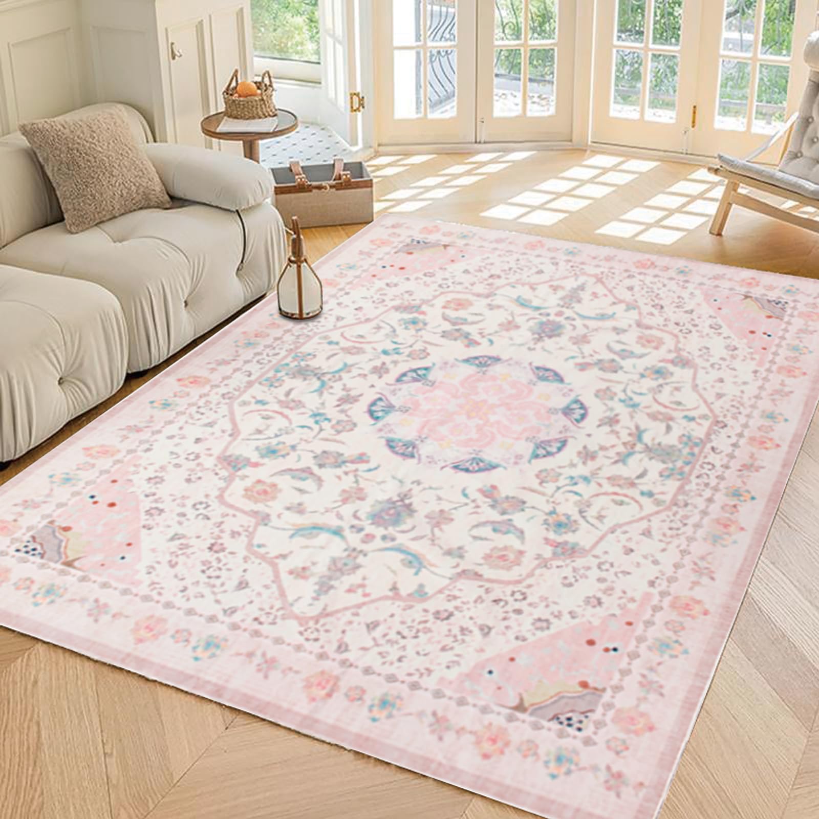 Area Rug - Vintage 8x10 Non-Slip Backing Area Rugs Light Pink Soft Faux Wool Carpet