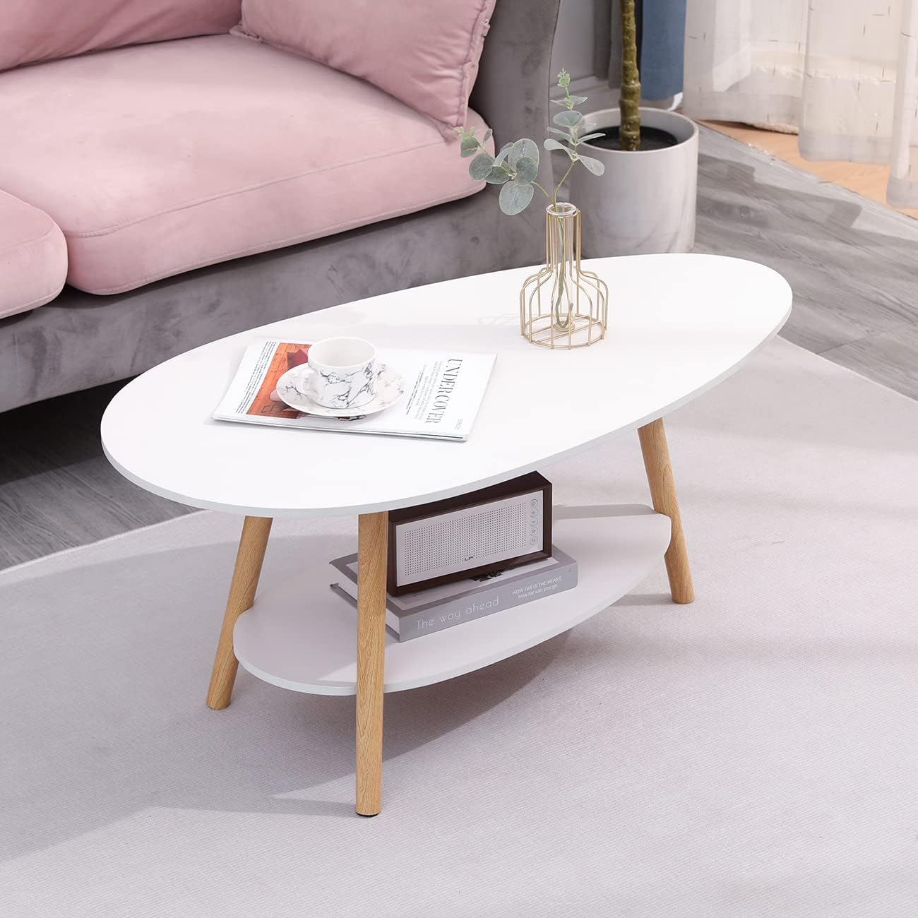 Oval Wood Coffee Table Modern Style Double Layer with Open Storage