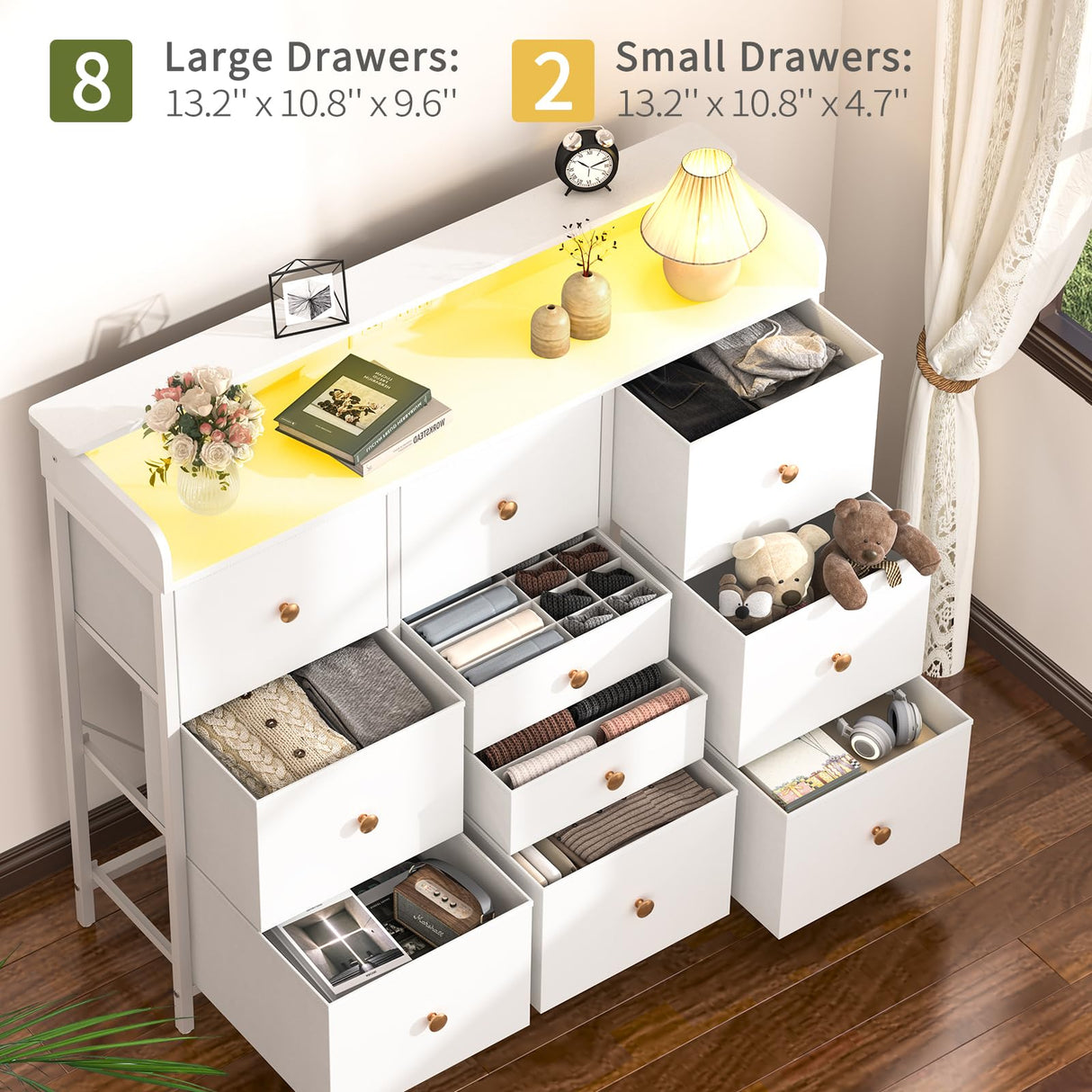 Dresser for Bedroom with Charging Station and LED Lights, Tall Dresser TV Stand With 10 Storage Drawers,Fabric White Dressers & Chests of Drawers,Wood Dresser for Kids Bedroom Closet Organizer