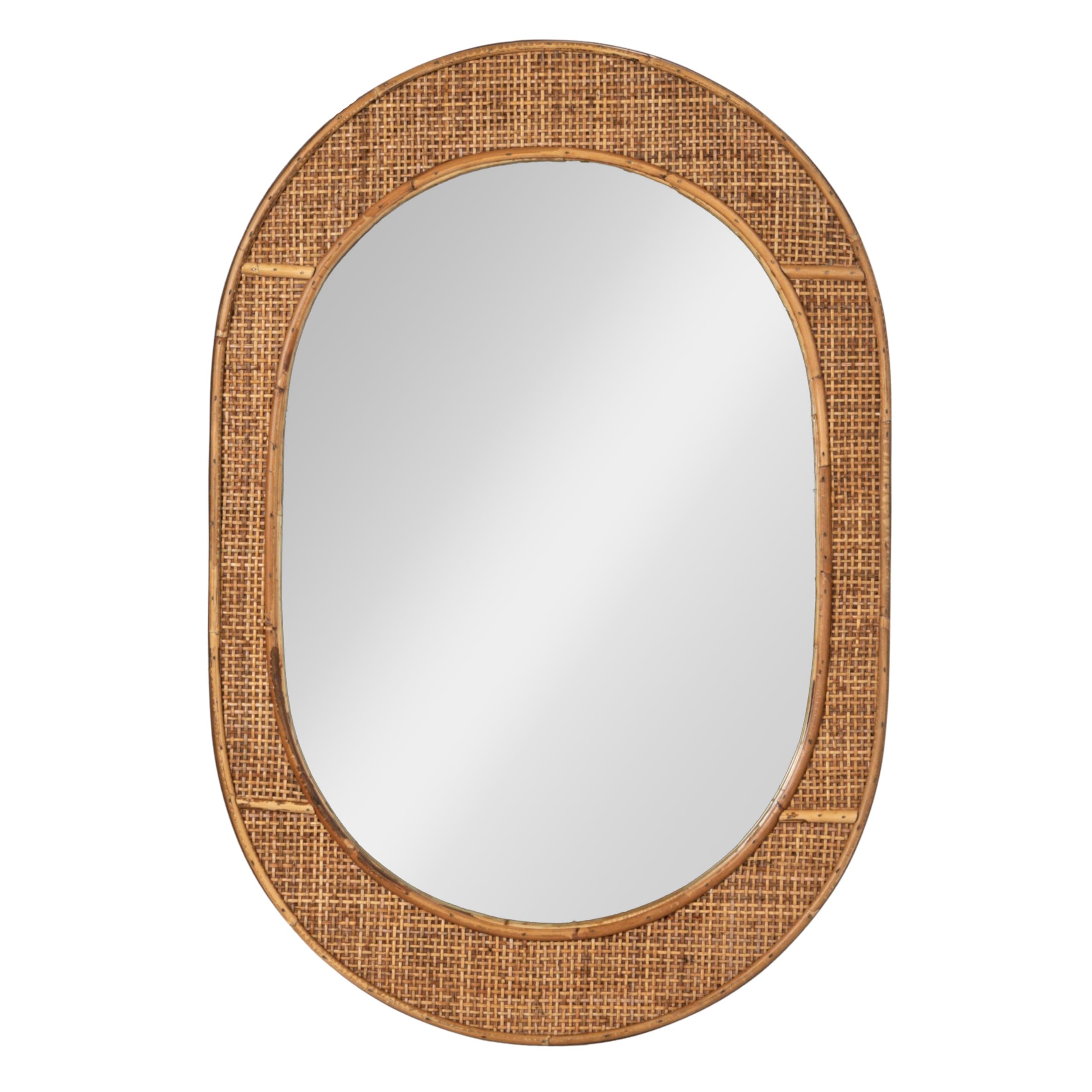 Oval Bamboo and Rattan Framed Wall Mirror, Natural