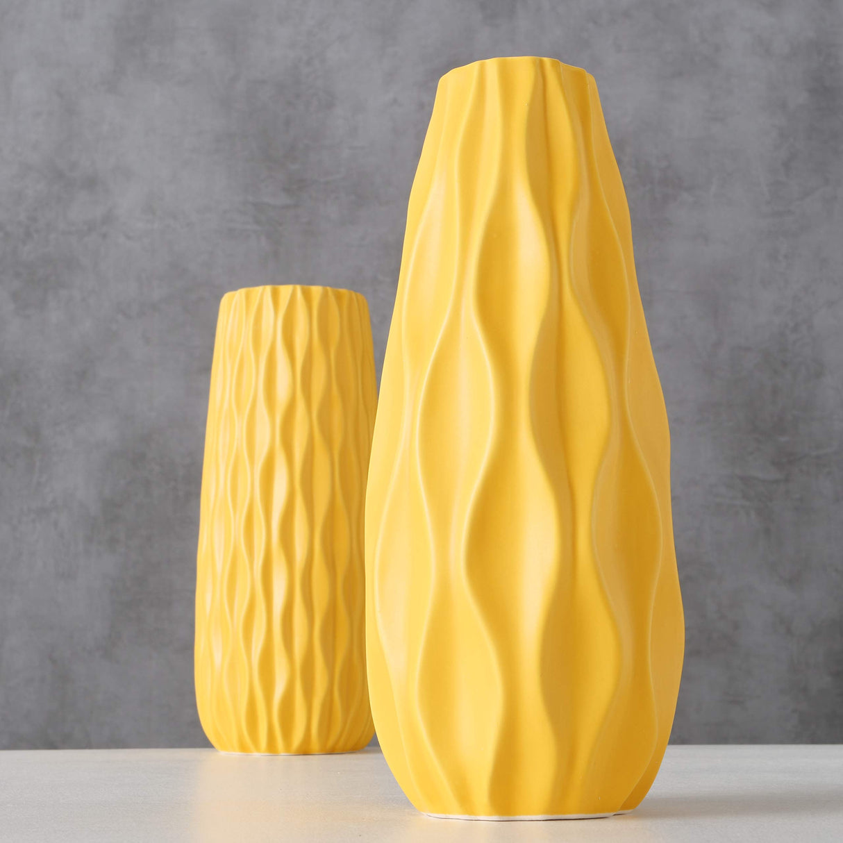 Iconic Scandi Ripple Vases, Set of 2, Bold Pop Yellow, Smooth Glazed