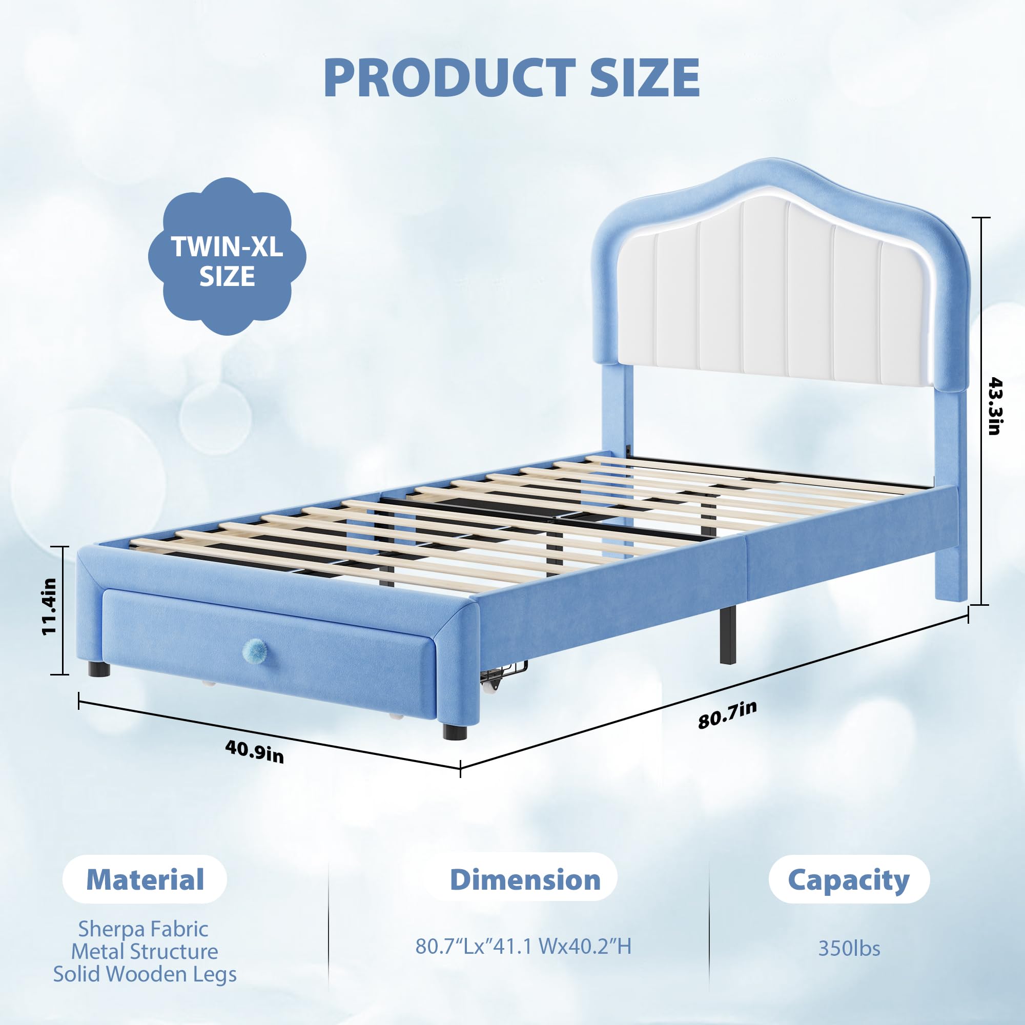 GAOMON Upholstered Twin-XL Size Bed Frame with Smart Led Headboard, Velvet Platform Bed Frame with Storage Drawer for Kids, Wooden Slats Support, No Box Spring Needed, Easy Assembly, Blue
