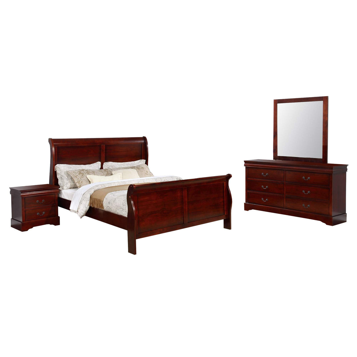 Benjara Full Size Sleigh Wooden 4 Piece Bedroom Set, Brown