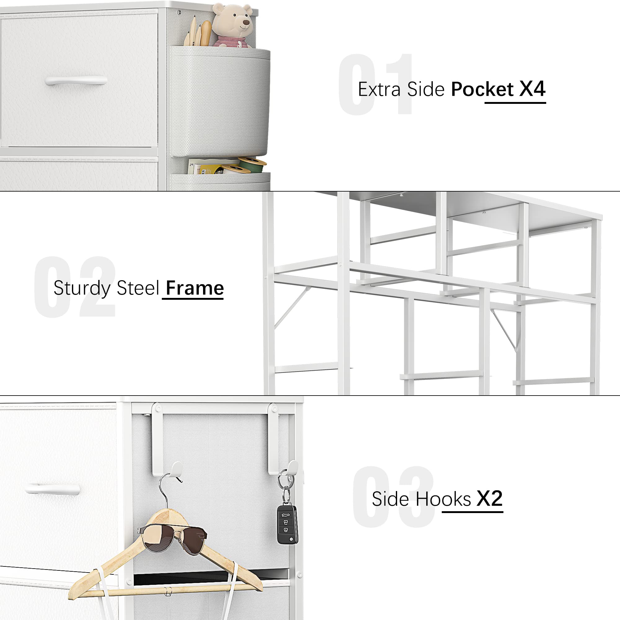 White Dresser for Bedroom 10 Drawers, Tall Fabric Dressers Chest of Drawers for Closet,