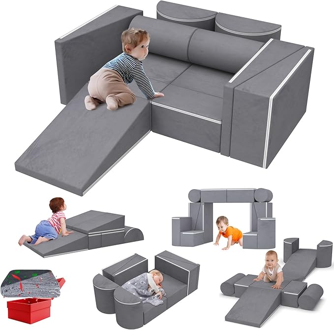 Kids Couch, 12PCS Modular Kids Play Couch with Blanket, Toddler Couch for Playroom