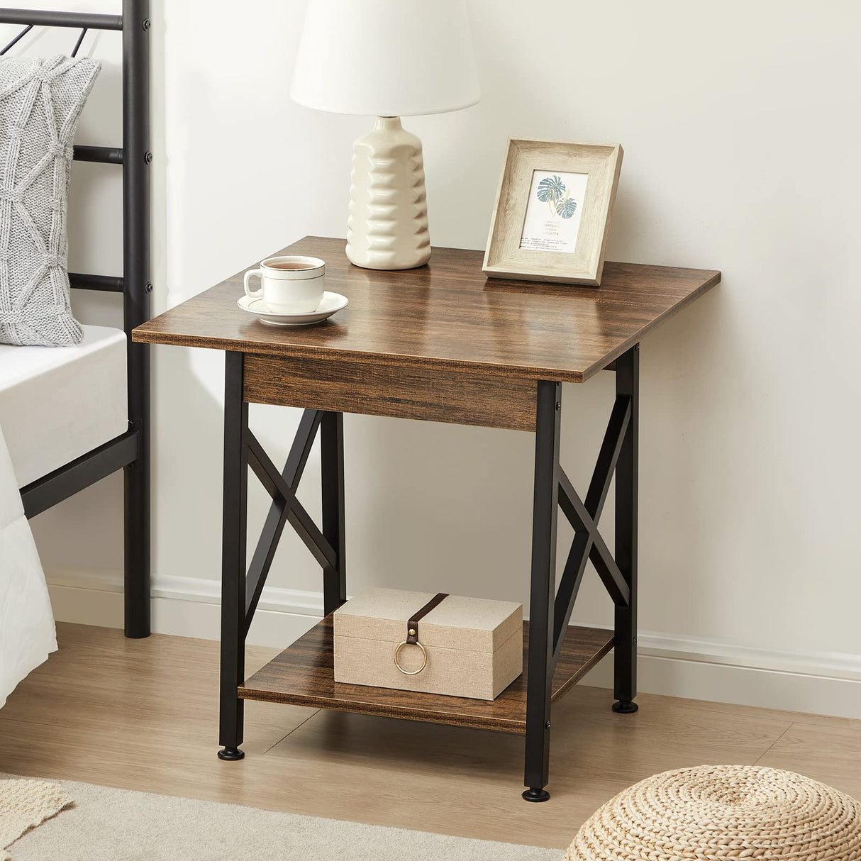 End Table 24 inch Industrial Design Side Table with Storage Shelf for Living Room