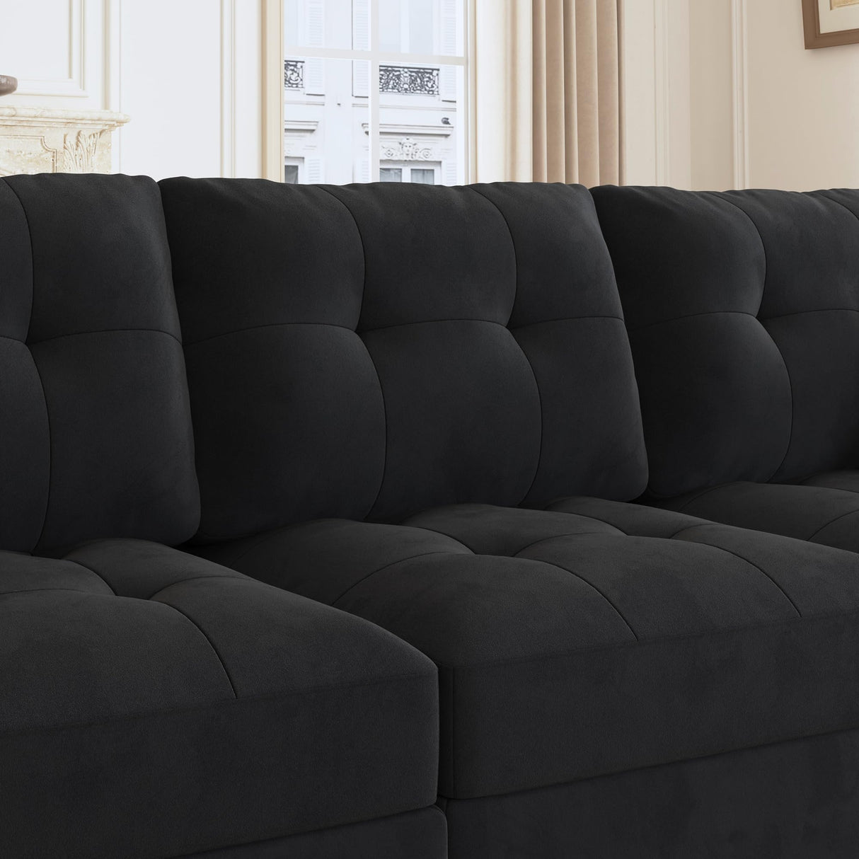 Modular Sectional Sofa Velvet U Shaped Couch with Double Chaises 6 Seater Sectional Sofa with Storage, Black