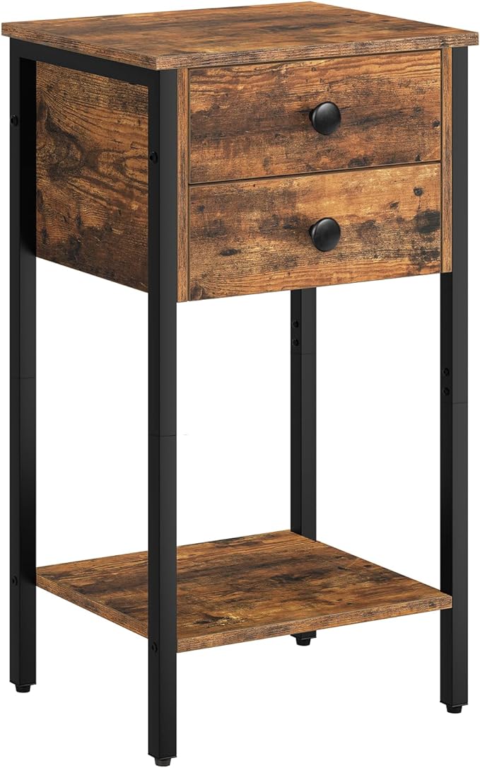 Tall Nightstand, Bedside Table with 2 Drawers and Storage Shelf, Industrial Telephone End