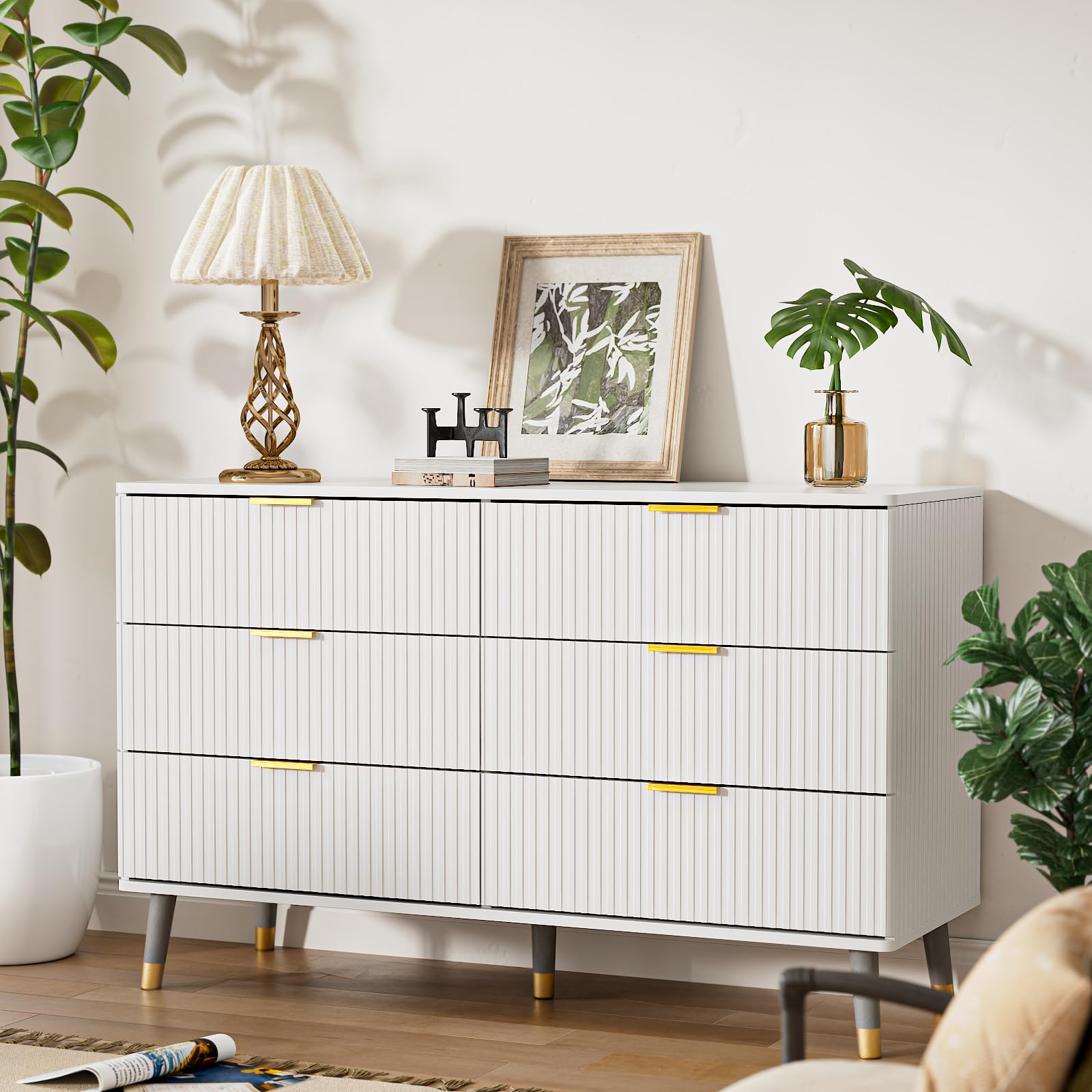White Dresser, Fluted White and Gold Dresser for Bedroom, 6 Drawer Dresser