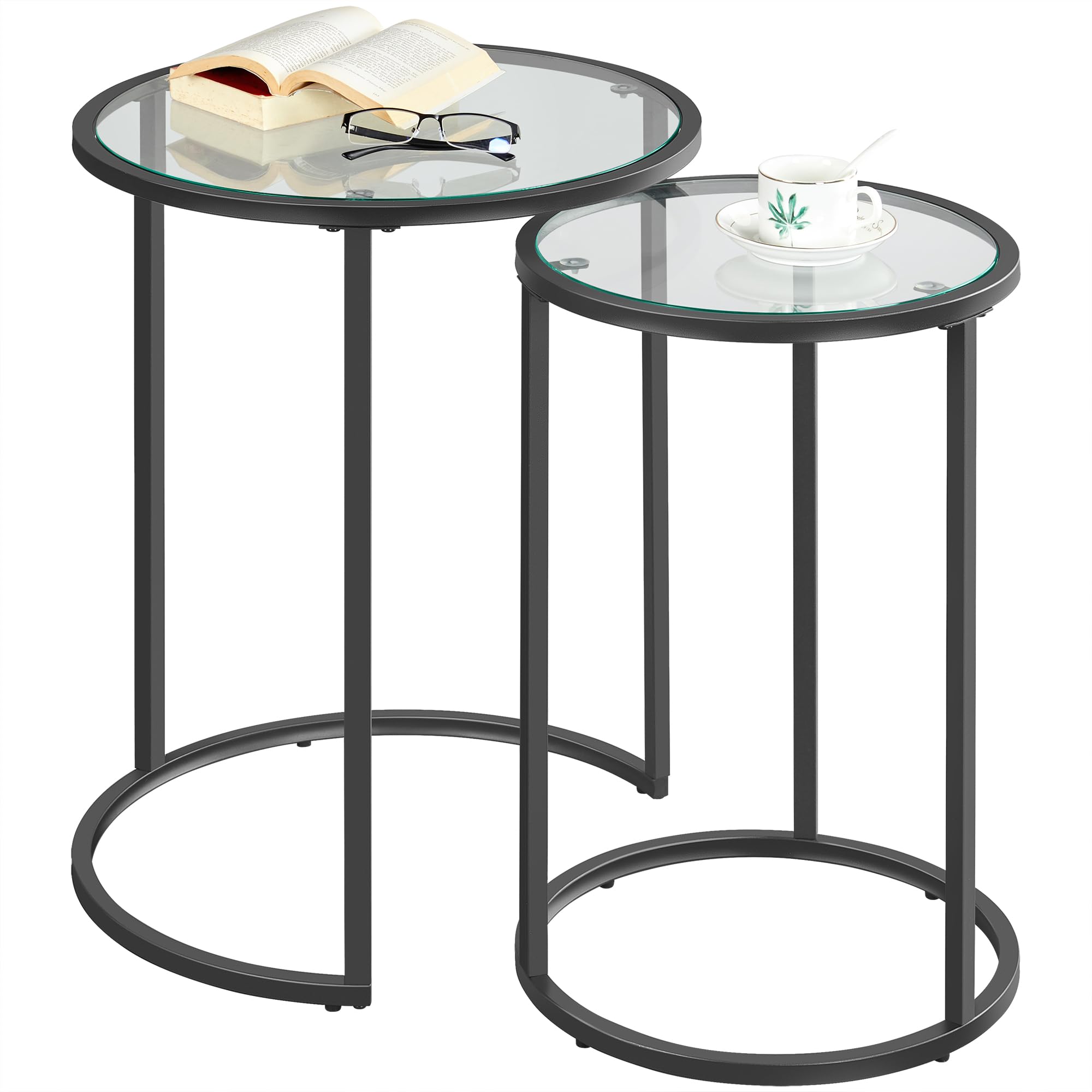Round Nesting End Table Set of 2,Stacking Side Tables,Coffee Tables Set w/Metal Frame