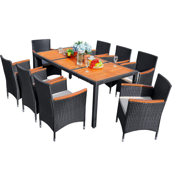 9 Piece Patio Dining Set Outdoor Acacia Wood Table and Chairs with Soft Cushions Wicker