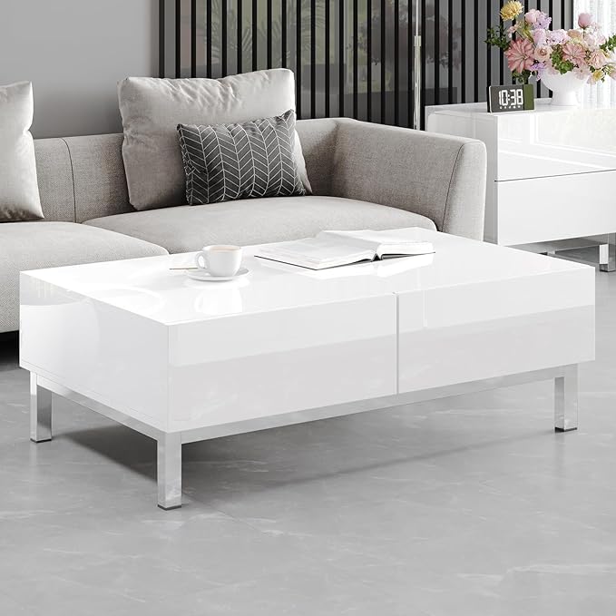 High Gloss Electroplated Coffee Table, 40" Wide Modern Minimalist Center Table