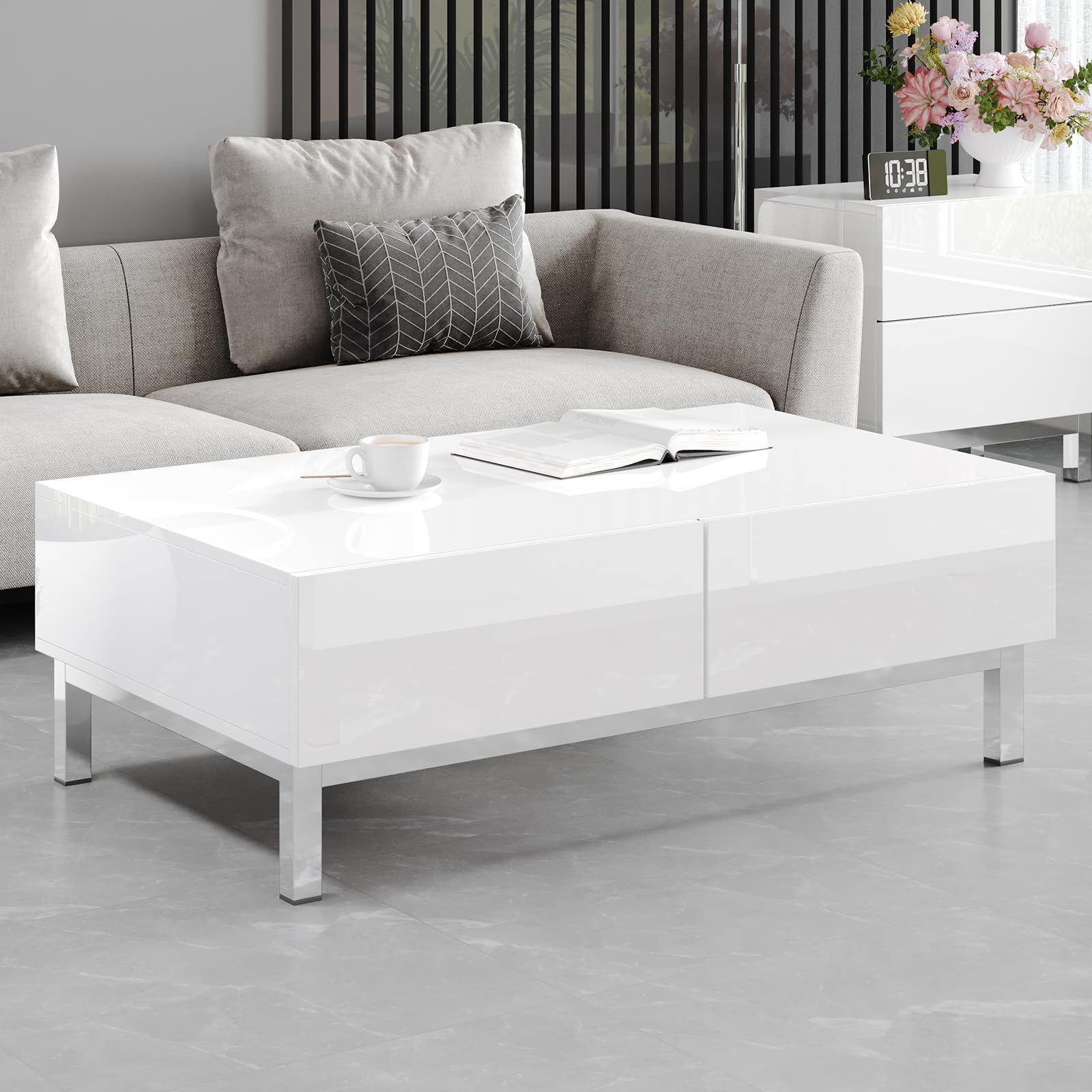 High Gloss Electroplated Coffee Table, 40" Wide Modern Minimalist Center Table