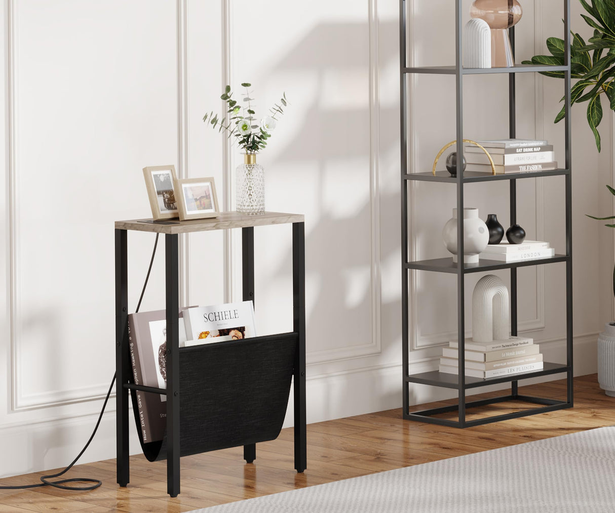 Narrow Side Tables Set of 2 with Charging Station, Small End Table with Storage Pouch