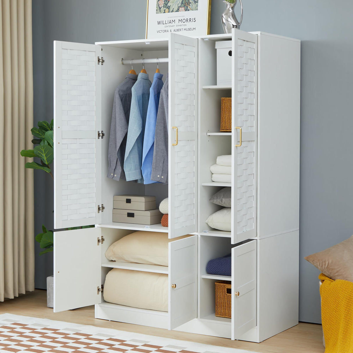 Wardrobe Closet with 3 Woven Doors, White Armoire Wardrobe Cabinet