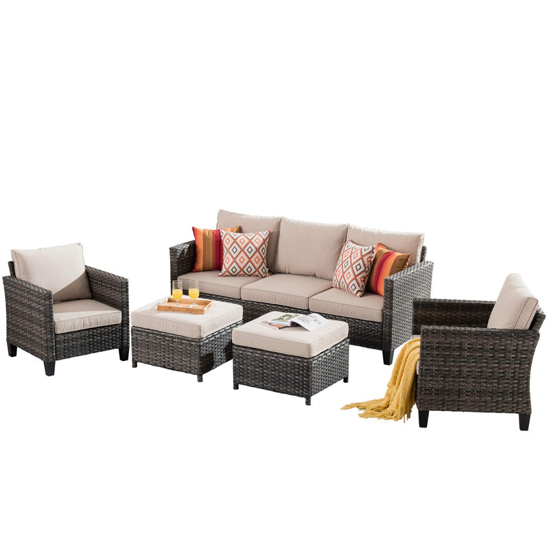 5 Pieces Outdoor Wicker Rattan Sofa Couch with Chairs and Ottomans