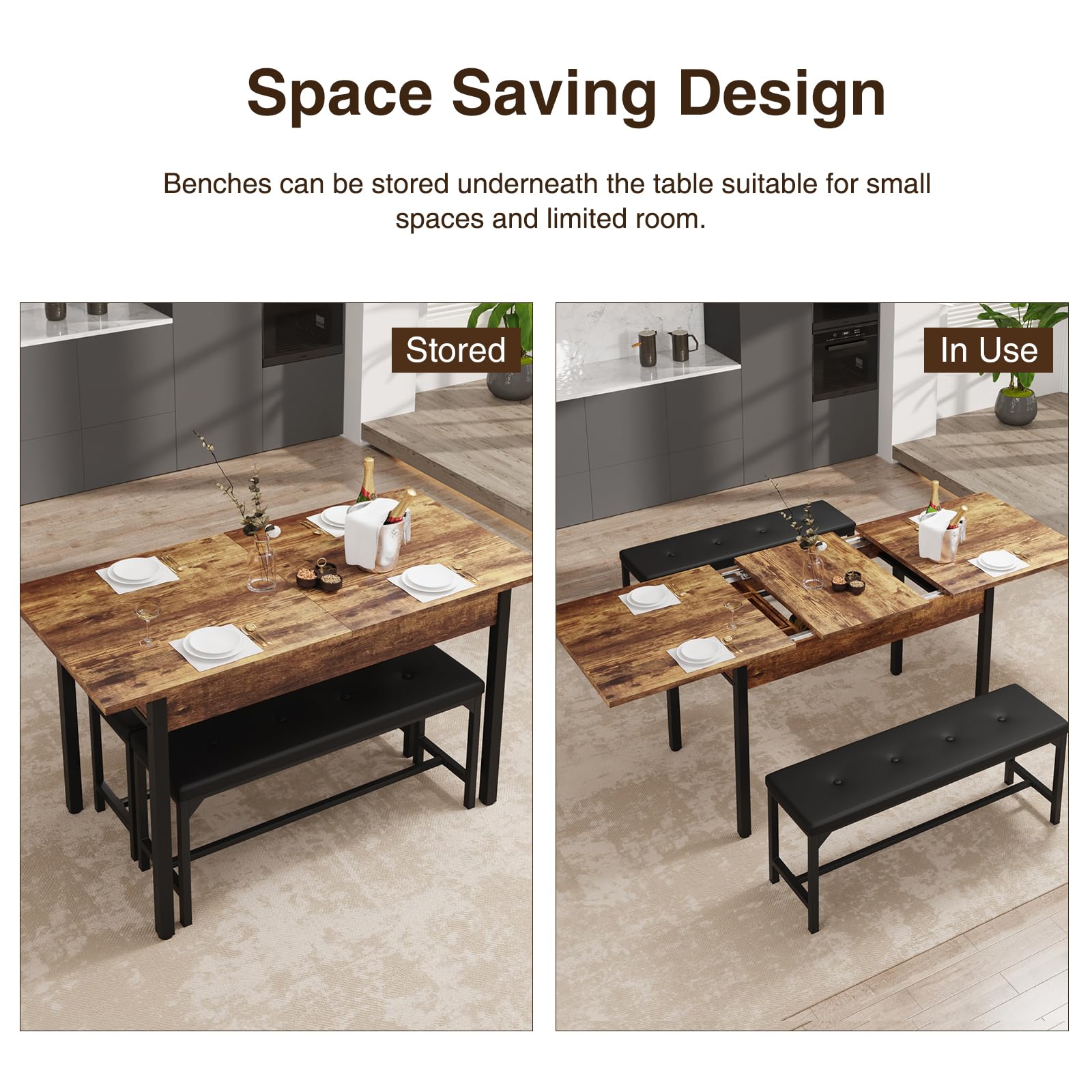 Halitaa 3-Piece Dining Table Set for 4-8, Kitchen Table Set with Metal Frame & Wooden Board，63" Extendable Dining Room Table Set with Drawer and 2 Upholstered Benches (Rustic Brown)