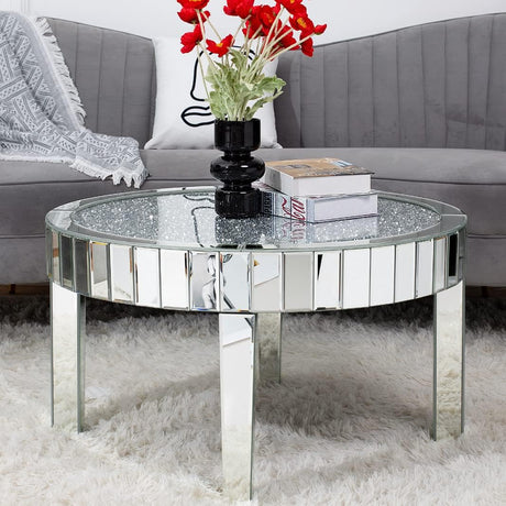 Mirrored Coffee Table with Crystal Inlay, 31.5'' Modern Round Coffee Table with Mirror Surface,