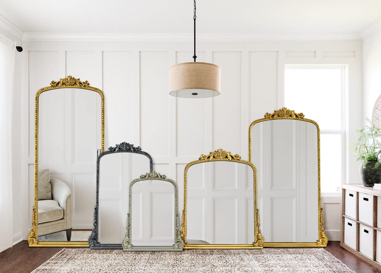 Antiqued Gold Ornate Mirror Arched Mantel Wall Mirror Baroque Inspired Bathroom