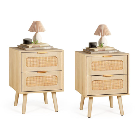 Set of 2 Nightstands Wooden Night Stands with Rattan Drawers Home Bedside End Table