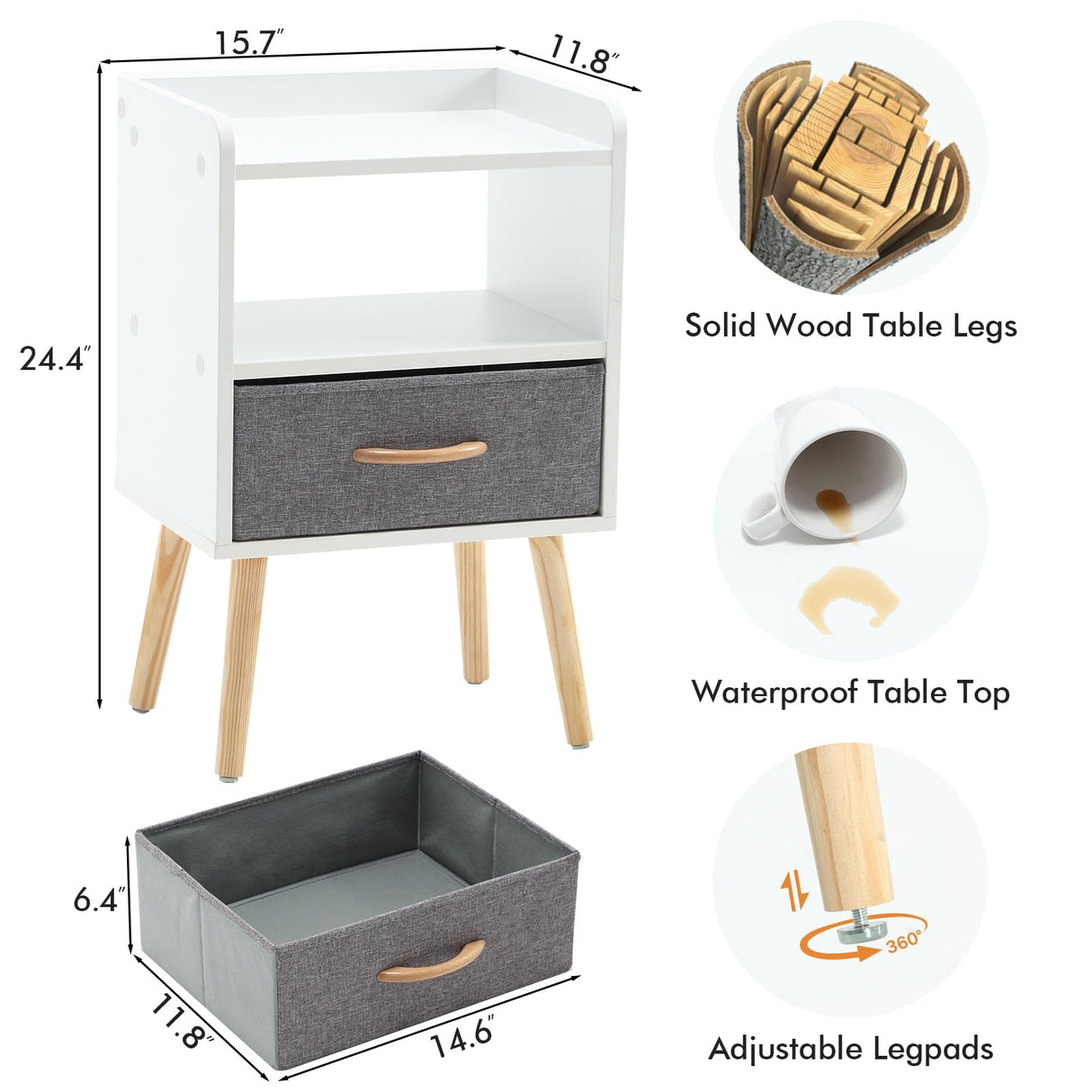 Nightstand with Fabric Drawer, Wooden Bedside Table with 3 Tier Storage