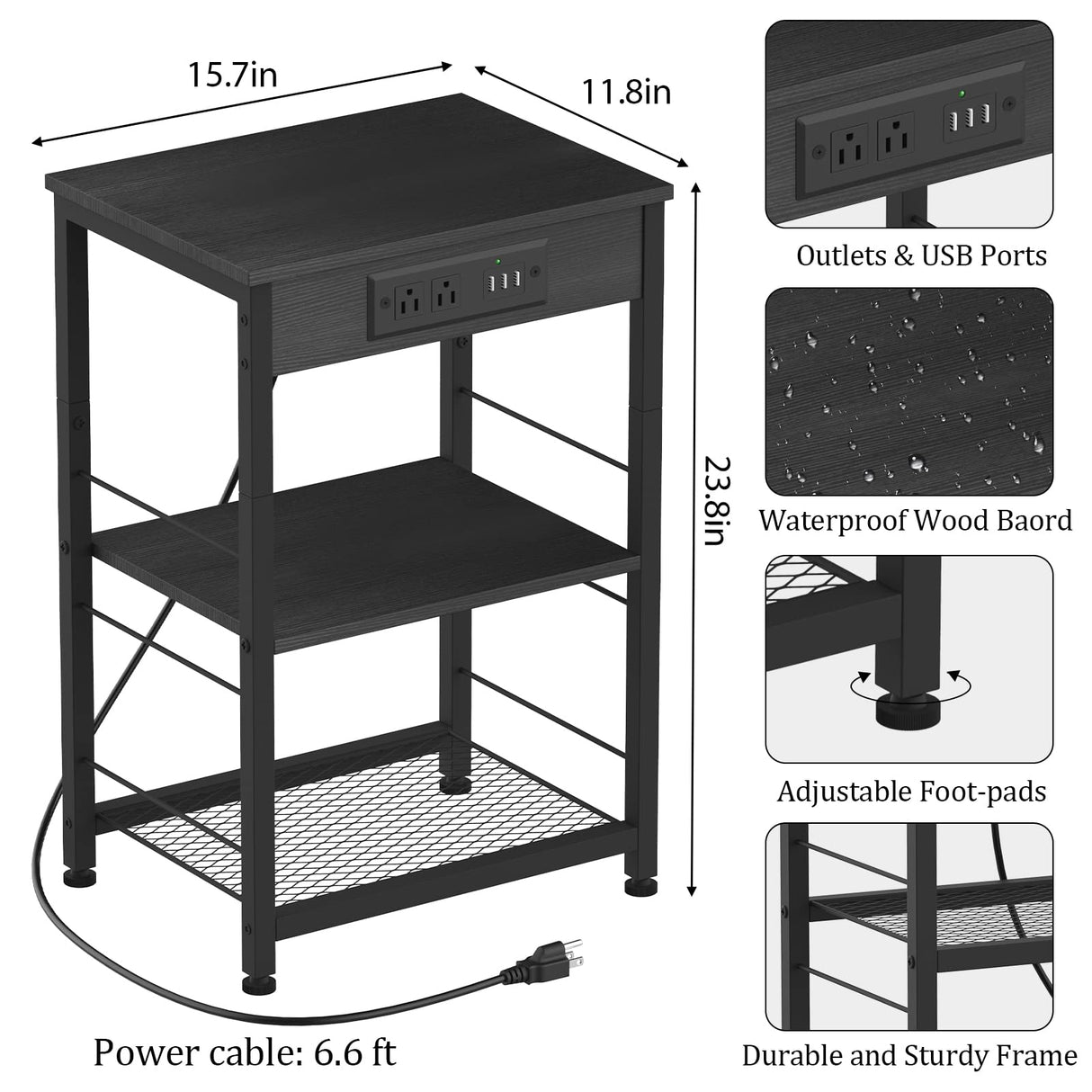 Nightstand Black with Charging Station, USB Ports, 3 Tier Side Table with Storage Shelf