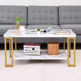 2-Tier White Marble Coffee Table, Rectangular Faux Marble Coffee Table with Storage Shelf, Sturdy Gold-