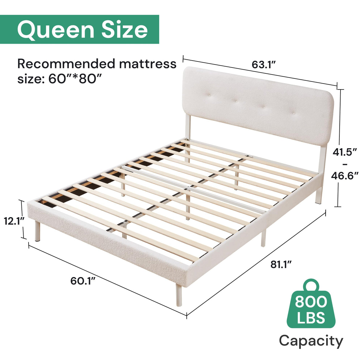 SunsGrove Boucle Bed Frame with Headboard, Queen Upholstered Platform Bed Frame, Adjustable Boucle Fabric Headboard and Durable Wooden Slats, No Box Spring Needed, Easy Assembly, White