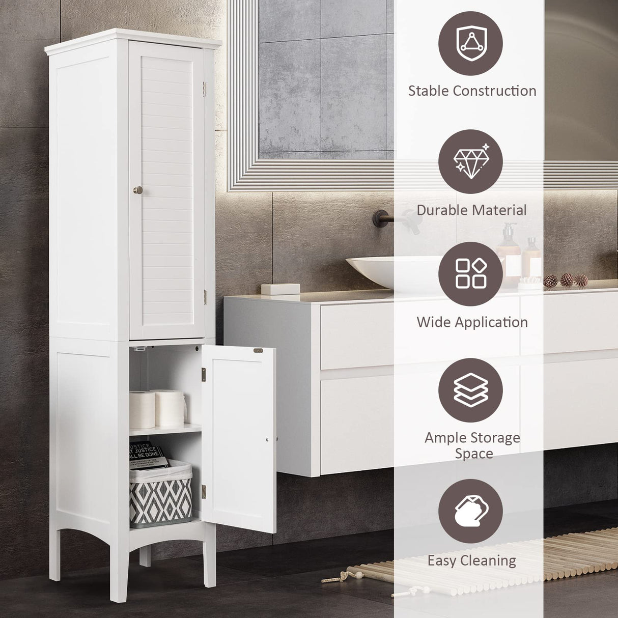 Storage Cabinet Bathroom High Cabinet with 5 Tier Storage Shelves, Freestanding Slim Cabinet,