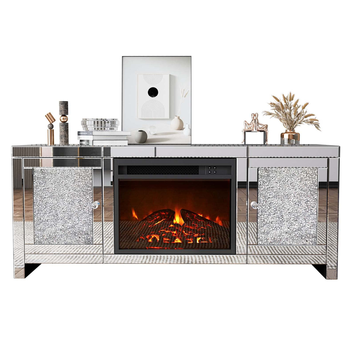 Mirrored Fireplace TV Stand, Mirrored Media Entertainment Center for TV up to 55 inch