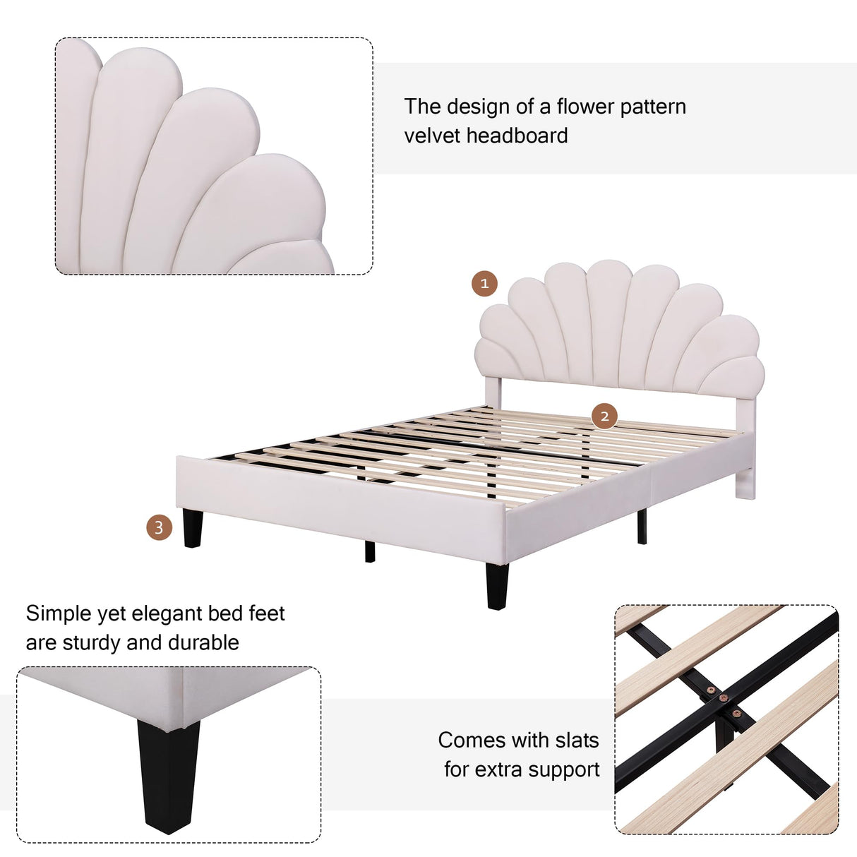 Full Size Upholstered Platform Bed, Platform Bed with Flower Pattern Velvet Headboard,