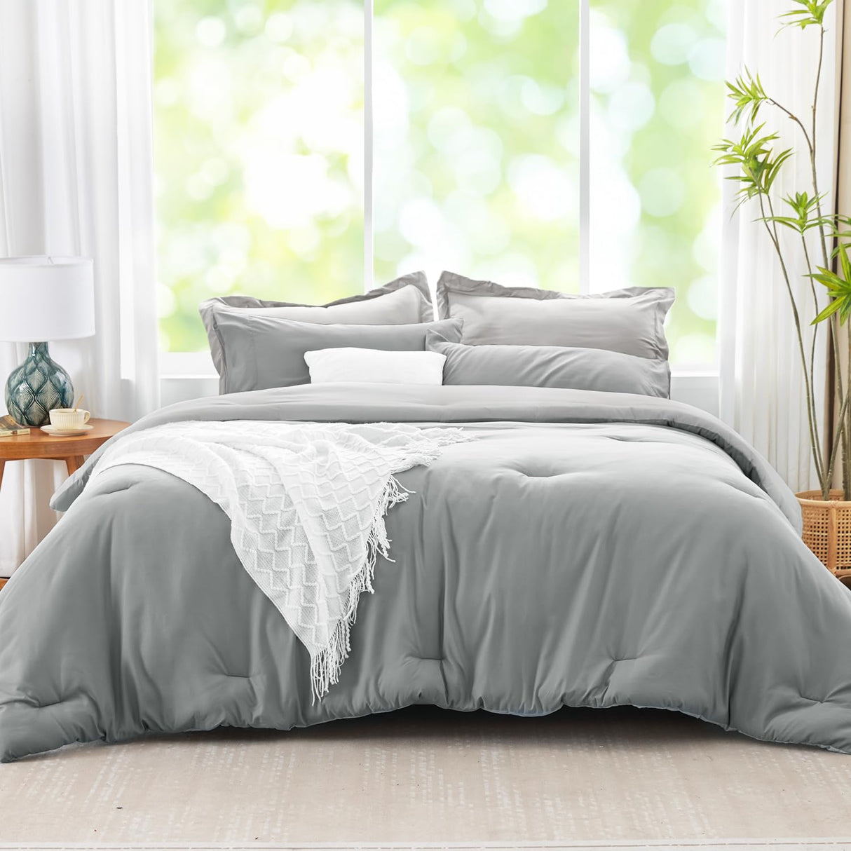 Gray Comforter Set Queen Reversible Bedding Set, 7 Pieces Soft Bed in a Bag Queen