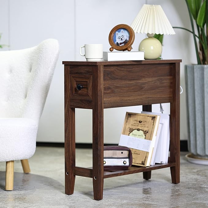 Narrow End Table, Black Side Table with Drawer, Slim Bed Side Table