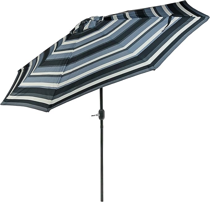 9 ft Striped Patio Umbrella - Polyester Table Market Umbrella with Push-Button Tilt and Crank