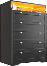 Black Dresser with LED Lights, Wood Dresser for Bedroom with Wide Large Drawers