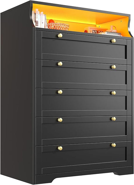 Black Dresser with LED Lights, Wood Dresser for Bedroom with Wide Large Drawers