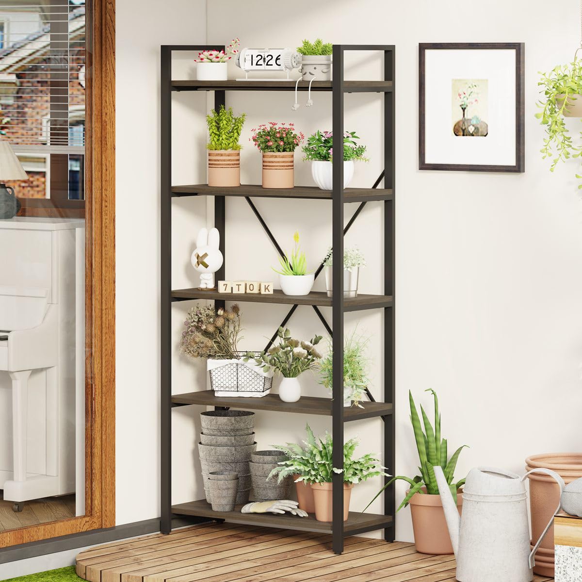 5 Tier Industrial Bookshelf, Rustic Etagere Bookcase for Display, Vintage Shelving Unit