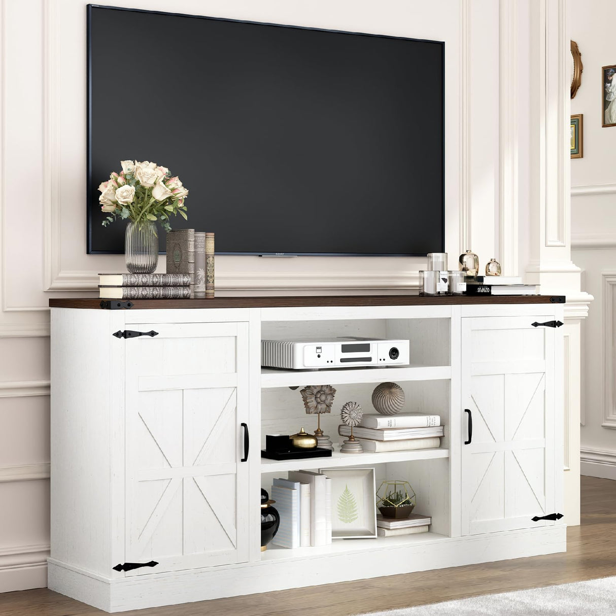 66" Farmhouse TV Stand with Power Outlets for 75 65 Inch TVs, 33" Tall Entertainment