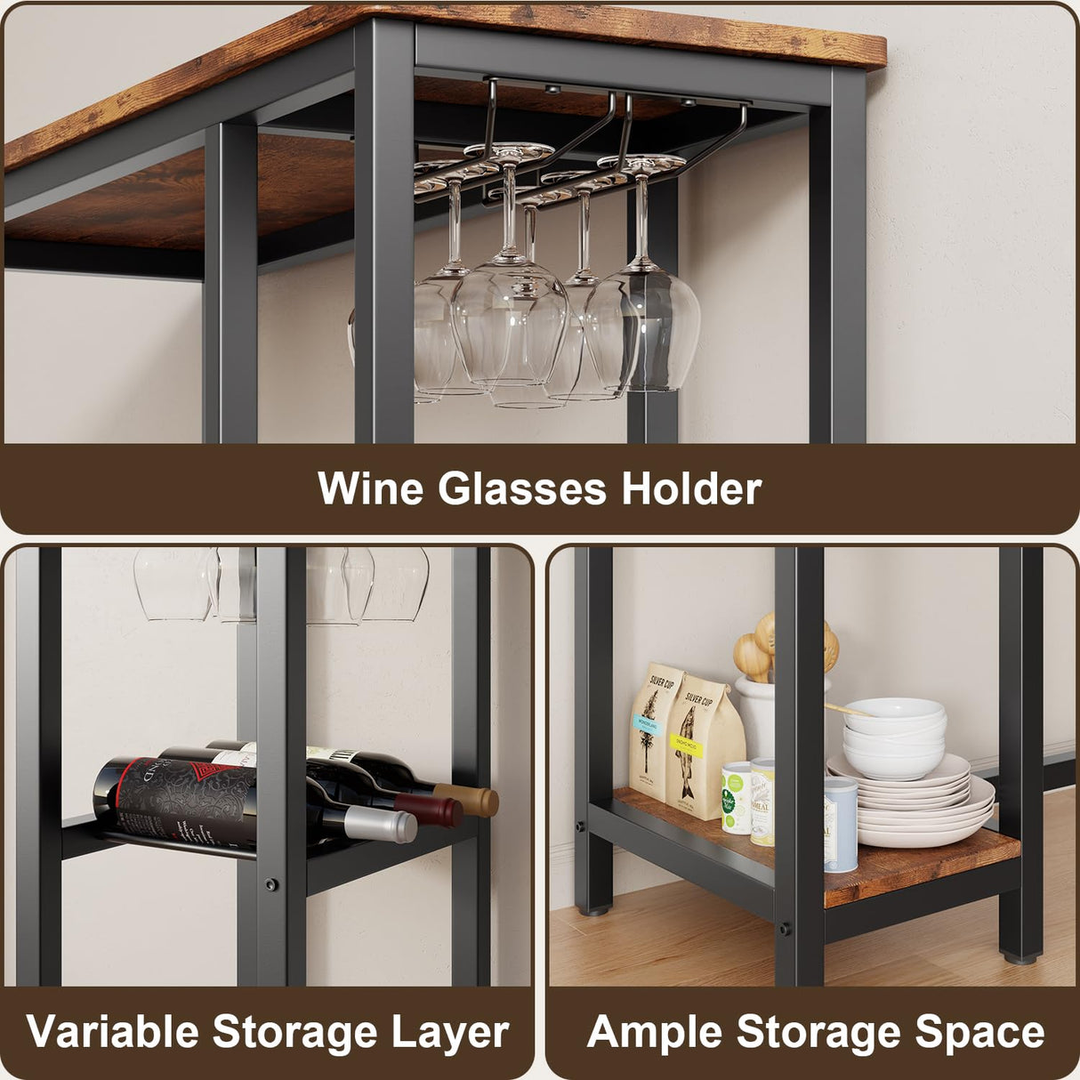 3-Piece Bar Table and Chairs Set for 2, Bar Table Set with 2 Storage Shelves