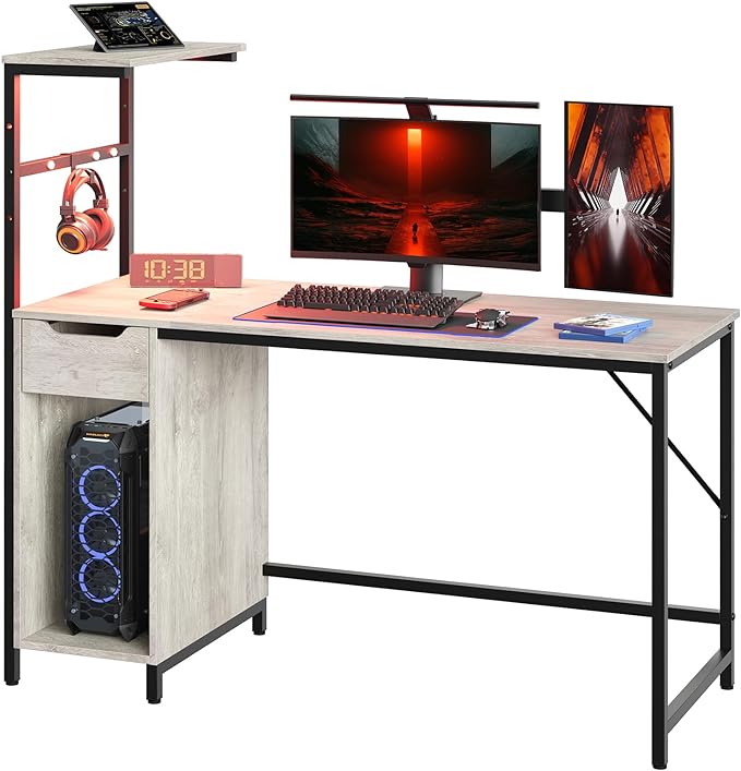 Gaming Desk with Drawer and LED Lights, 48 inch Computer Desk PC Table