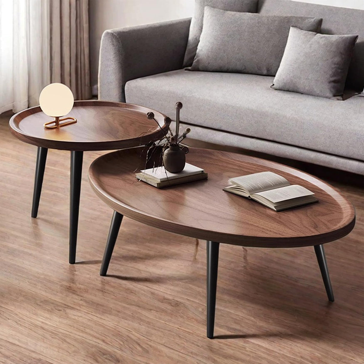 Nesting Coffee Table, Walnut Wood Side Table, Unique MCM Mid Century Small End Table