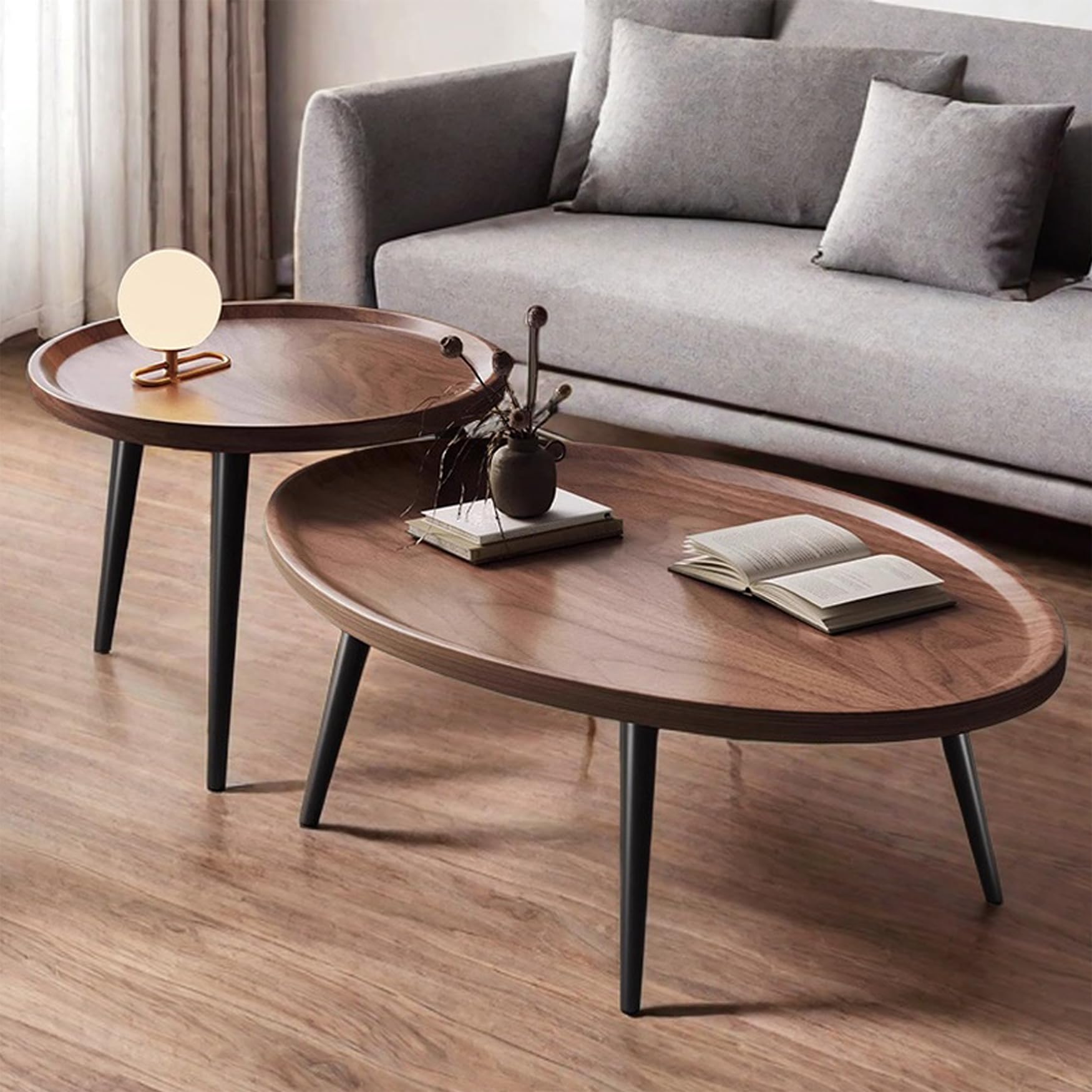 Nesting Coffee Table, Walnut Wood Side Table, Unique MCM Mid Century Small End Table