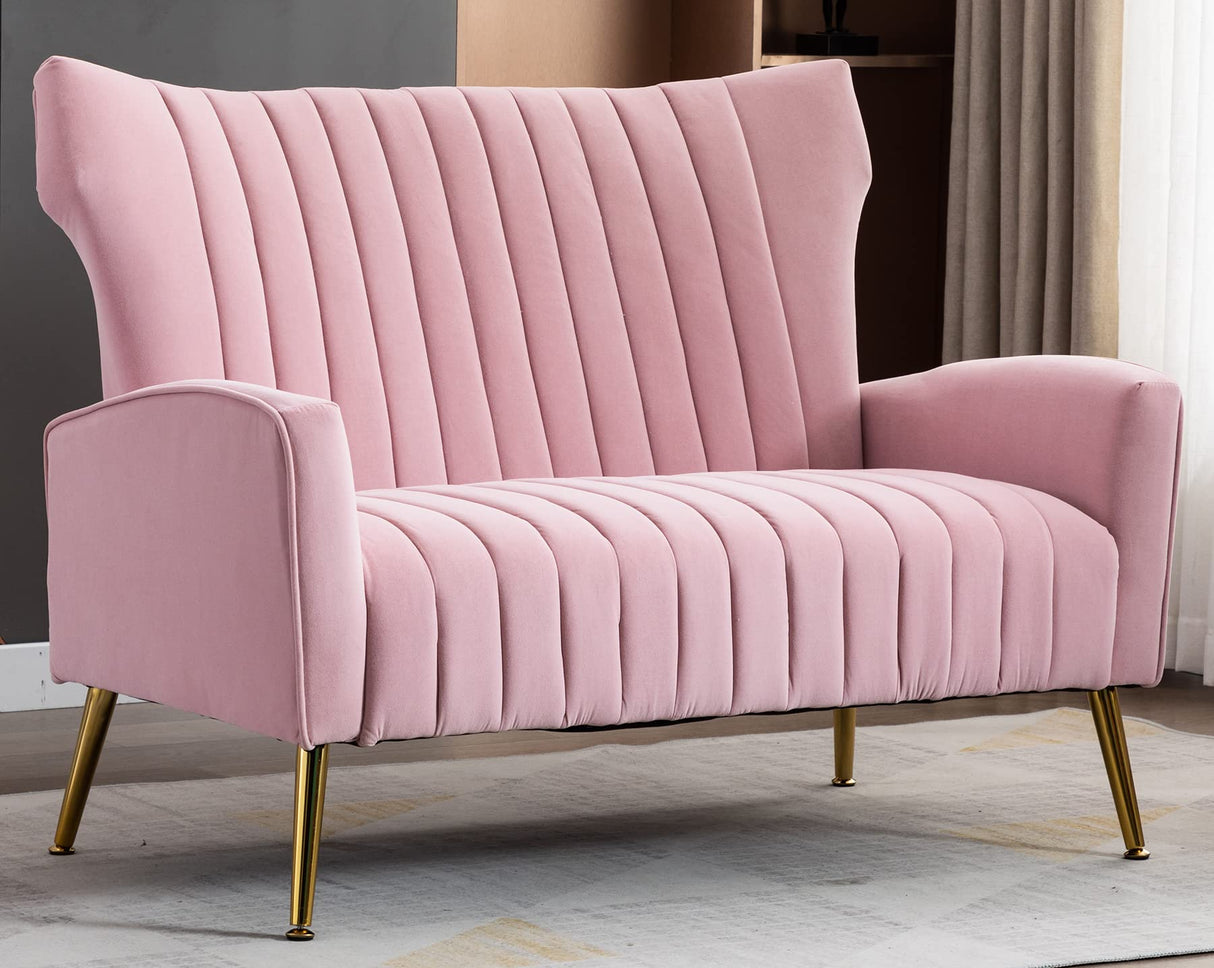 Tufted Contemporary Velvet Wingback HighBack Loveseat Sofa Chair Upholstered Couch with Gold Metal Legs Two-Seat Sofa for Living Room Bedroom Apartment Small Space Dorm, Pink